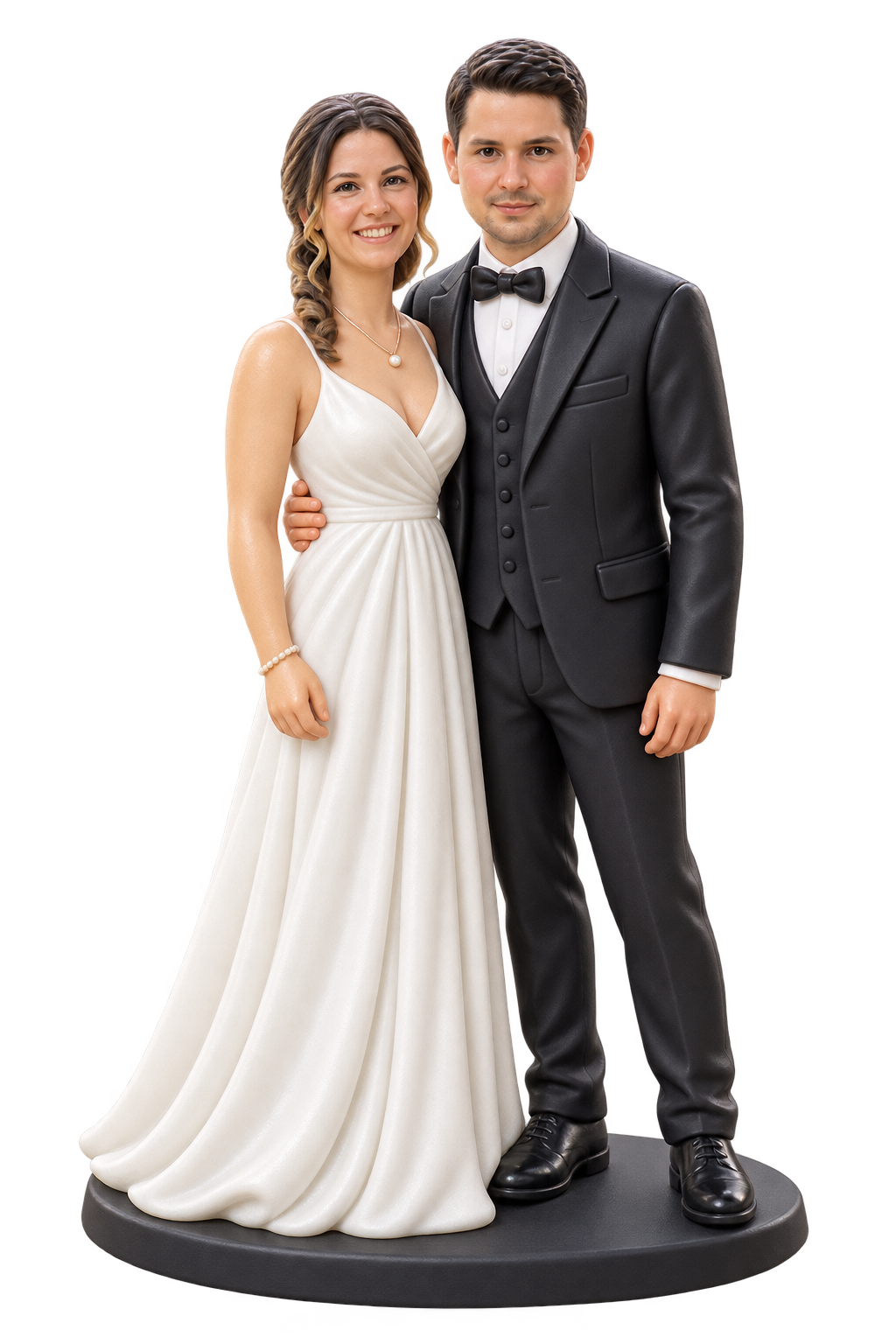 Martina im weissen Hochzeitskleid und Manuel im schwarzen Anzug als gemeinsame Tortenfigur
